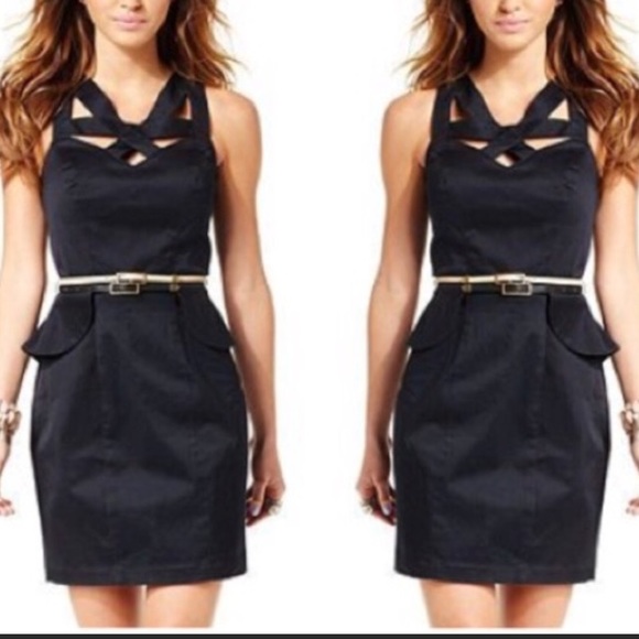 NWOT - XOXO Dark Blue Peplum Waist Career Dress - Picture 2 of 9